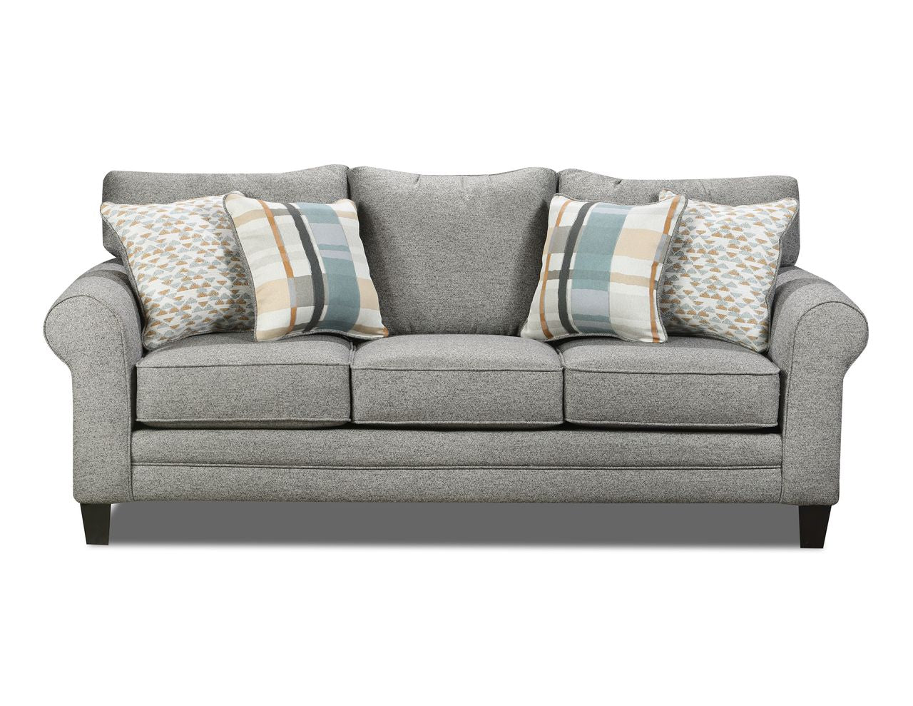 Gray sofa with patterned cushions on a white background