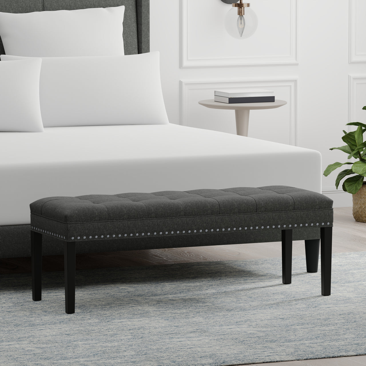 46 " Upholstered Bench with Nailhead Trim in Dark Grey