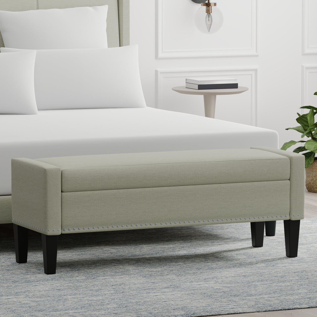 51.25" Storage Bench with Arms and Nailhead Trim in Beige