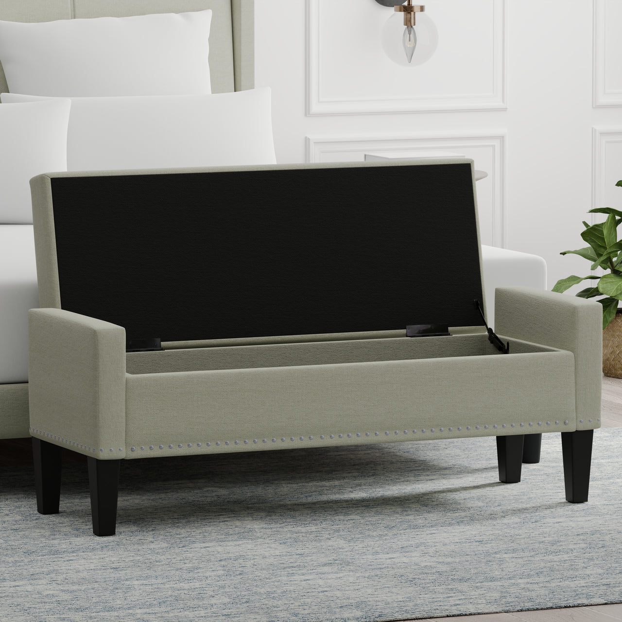 51.25" Storage Bench with Arms and Nailhead Trim in Beige
