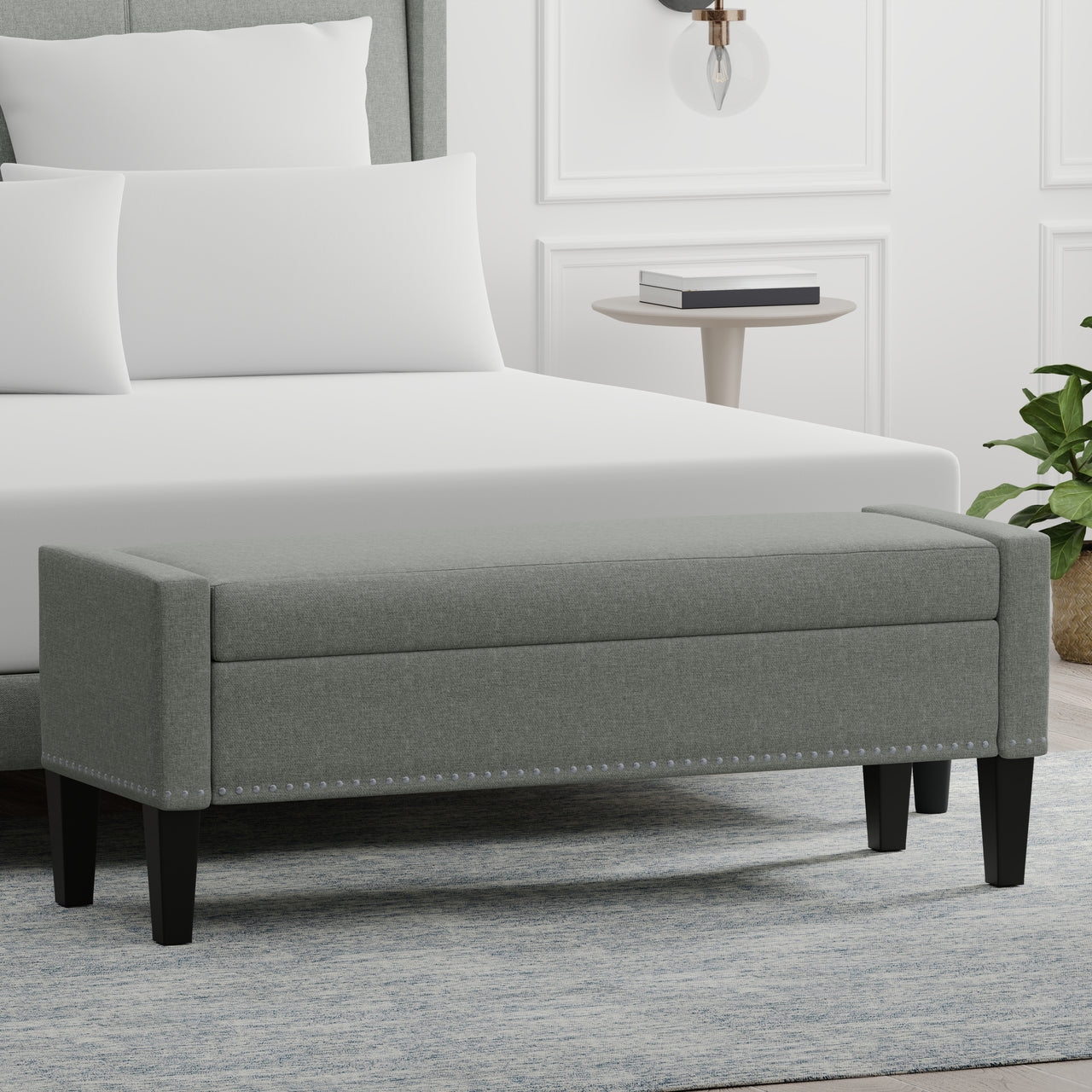 51.25" Storage Bench with Arms and Nailhead Trim in Light Gray