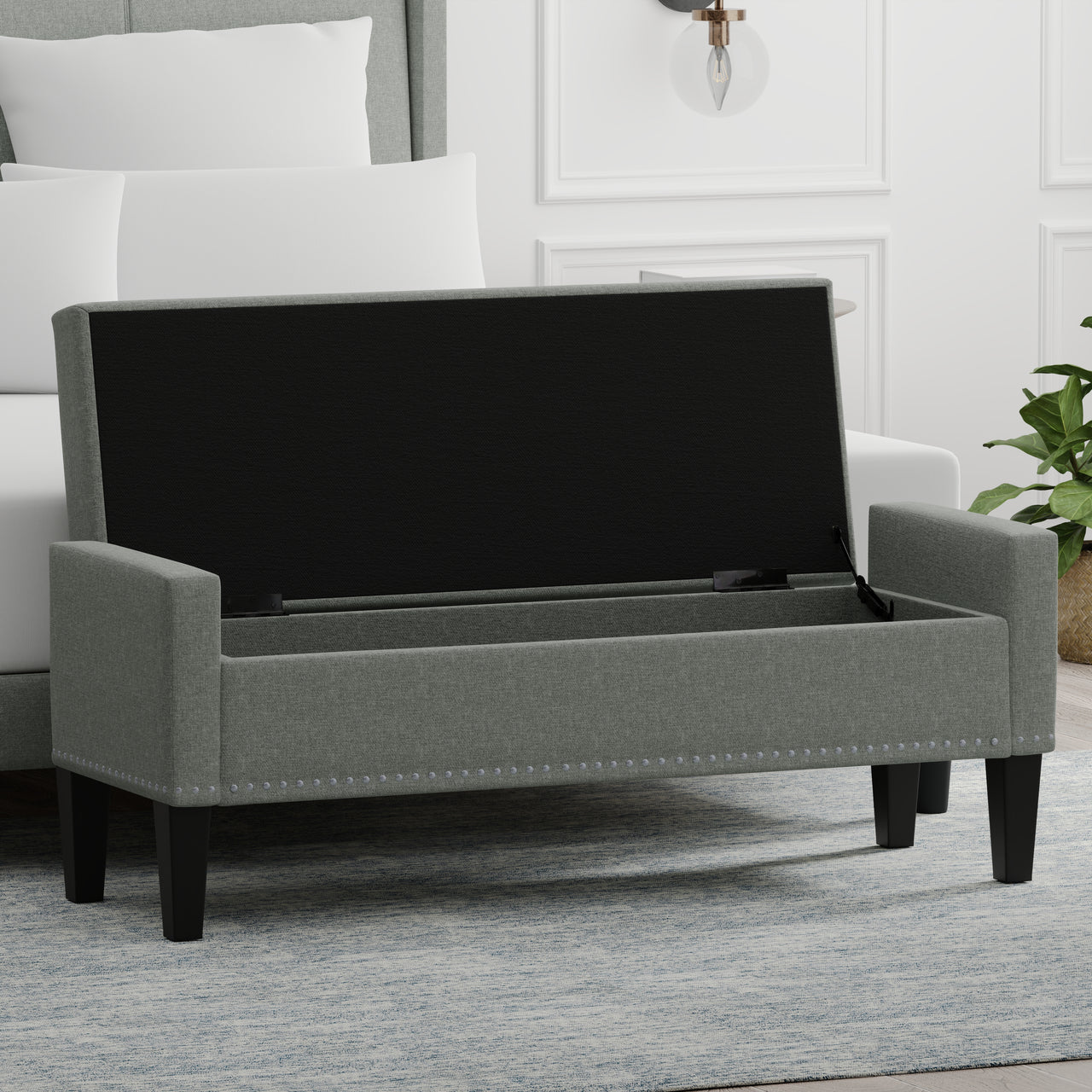 51.25" Storage Bench with Arms and Nailhead Trim in Light Gray
