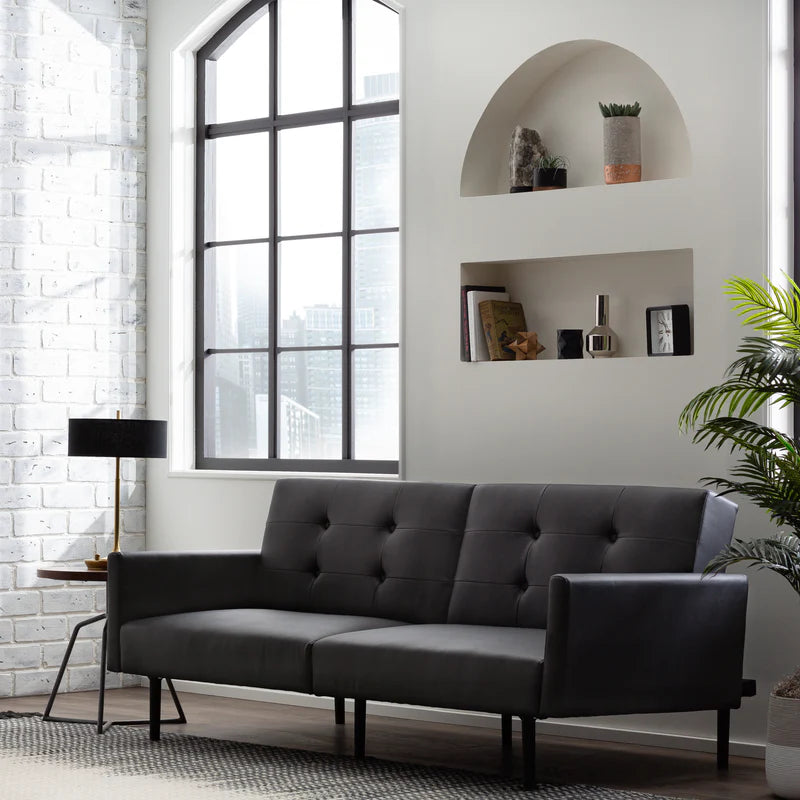 Black Futon by Edenbrook | Constructed with a durable wood frame and topped with thick cushions upholstered fabric