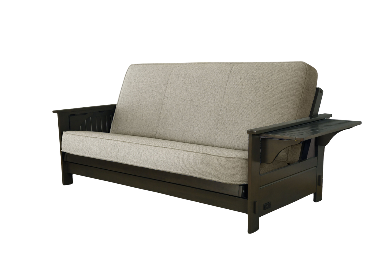 Jozie Futon sofa sleeper with beige cushion on a white background