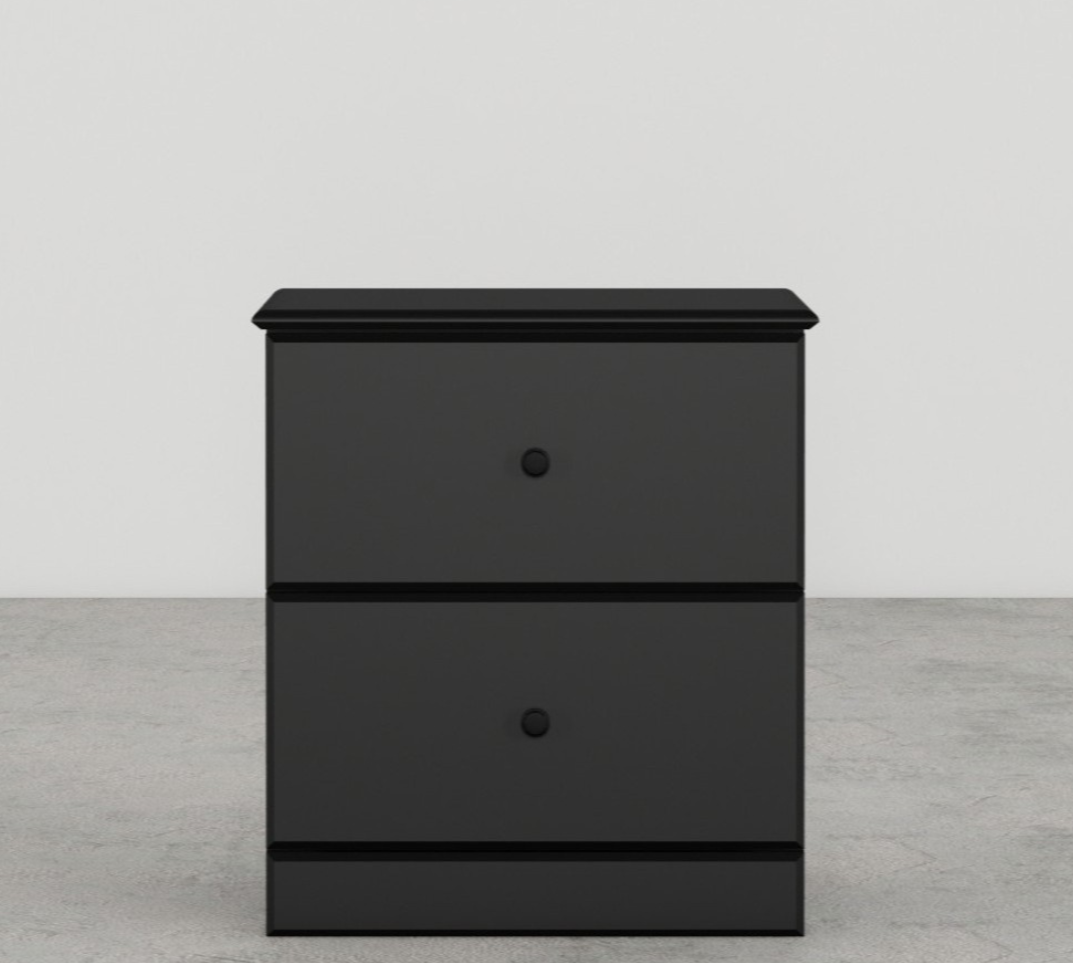 Black two-drawer nightstand on a gray floor with a light gray background