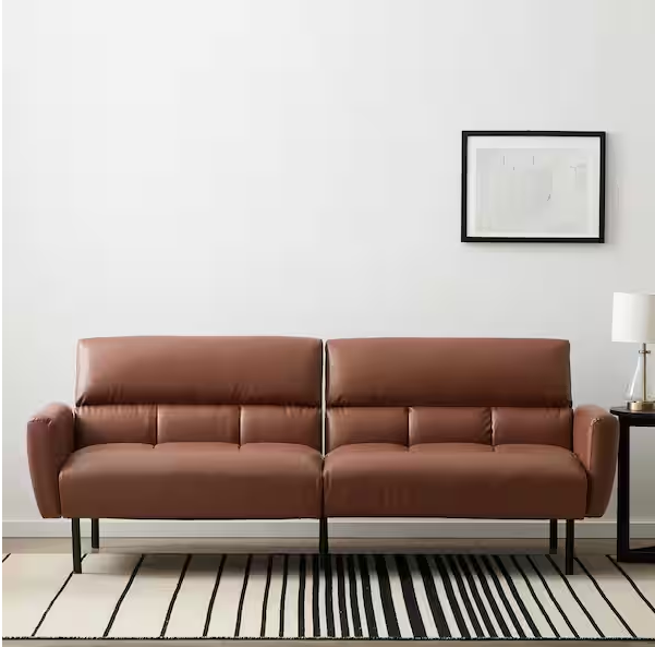 Caramel Faux Leather Futon by Lucid | Convertable mid-century modern small space sleeper sofa 